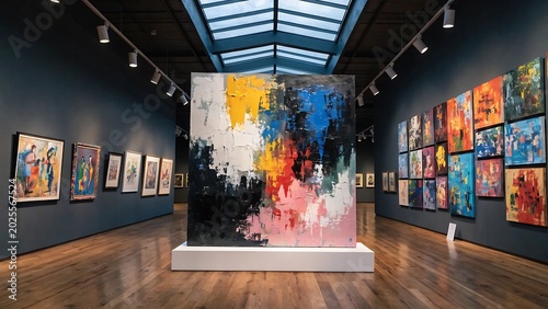 Modern art gallery interior with abstract paintings on display