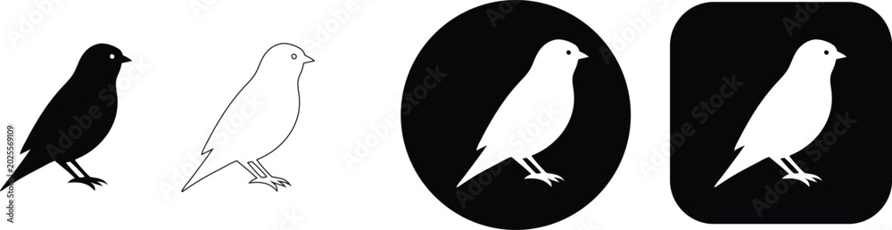 Fototapeta premium Bird set silhouette outline circle and square black and white representations bird small bird