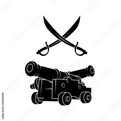 Pirate Battle Symbol with Crossed Sabers and Cannons Silhouette