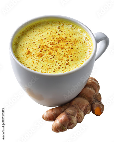 Ceramic cup of golden milk turmeric latte with raw organic ginger root isolated on transparent background side view studio for healthy beverage menu and wellness marketing campaign