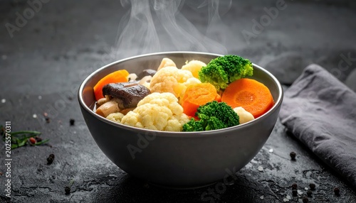A bowl of steaming fresh vegetables including broccoli, carrots, and cauliflower on a dark rustic background.