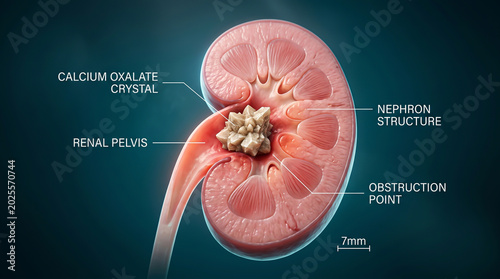 Nephrological pathology showing a calcium oxalate calculus blocking the renal pelvis for clinical urology diagnostics and surgical education resources.