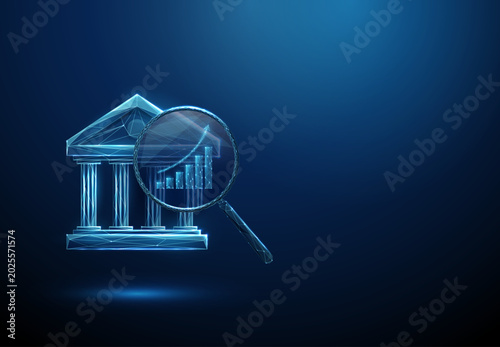 Konstfotografi 3d bank icon under magnifying glass with rising chart inside