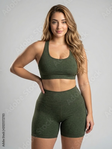 Confident and athletic woman posing in stylish green activewear, showcasing a healthy and fit lifestyle perfect for wellness, sports, and fashion themes in a studio setting