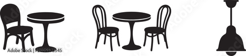 Konstfotografi Black silhouettes of cafe furniture with tables and chairs and a hanging lamp