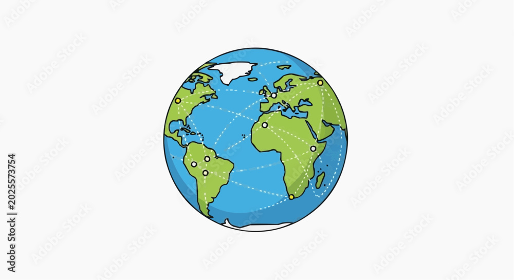 Fototapeta premium Global network connections illustrated on a cartoon earth with lines connecting continents and cities