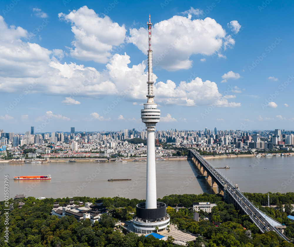 Obraz premium Aerial view of Wuhan skyline. The futuristic Guishan TV Tower rises from lush woods, set against modern skyscrapers and bridges along the Yangtze River under a dreamy, cloud-filled summer sky. China.