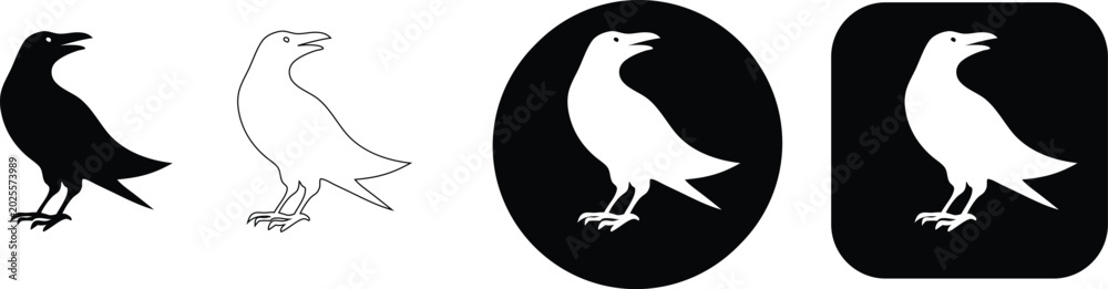 Naklejka premium Crow bird variations black white outline circle square symbol silhouette