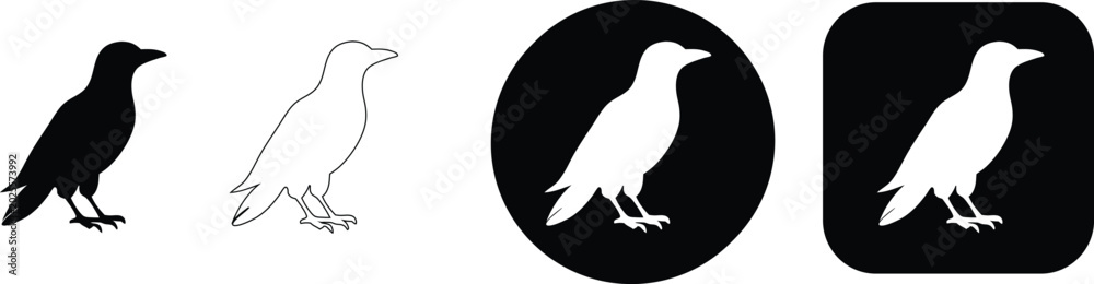Naklejka premium Crow bird variations black white outline circle square symbol silhouette