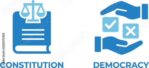 Quadro su tela Constitution and Democracy Icons with Hand and Scales