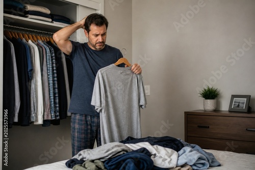 Frustrated man stands in bedroom holding t shirt confused by pile of clothes on bed choosing outfit from open closet in morning light