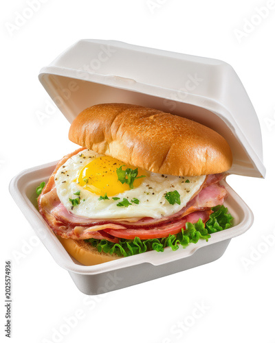 Breakfast sandwich featuring fried egg and crispy bacon inside a disposable clamshell container isolated on transparent background high angle view for fast food delivery and commercial