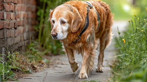 Senior Golden Retriever Walking Along Garden Path Beside Brick Wall With Harness And Thoughtful Expression