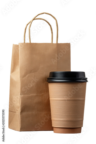 Brown kraft paper bag with corrugated coffee cup carrier isolated on transparent background studio shot front view for professional takeaway food delivery branding and retail marketing