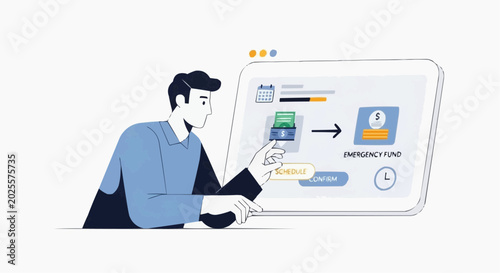 Man setting up emergency fund on digital device for financial planning and savings