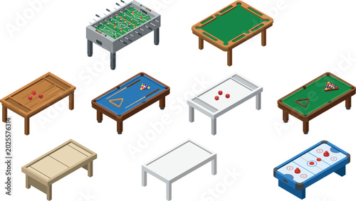 Εκτύπωση καμβά Isometric illustration of multiple recreational game tables including foosball,