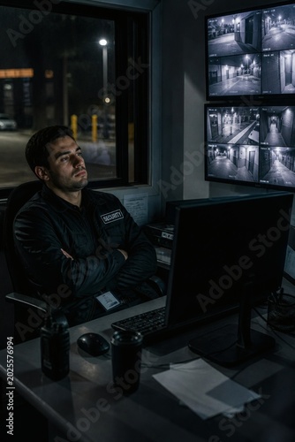 Security guard diligently monitoring surveillance cameras on multiple screens in a dark control room at night showcasing vigilance and safety