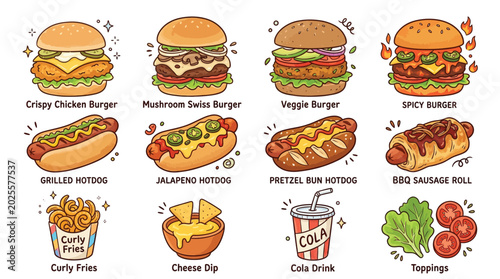 Φωτογραφία A vibrant and colorful illustration showcasing a variety of popular fast food items, including burgers, hot dogs, fries, and drinks