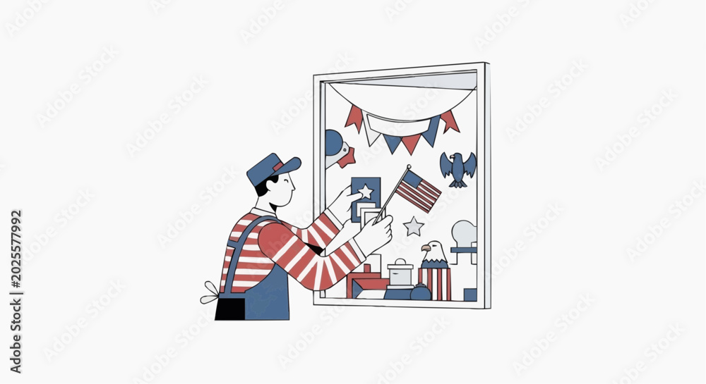 Obraz premium Man decorating window display with American flag and patriotic symbols for holiday