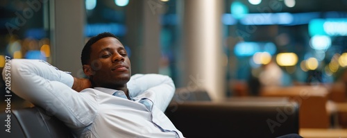 Relaxed professional man resting in an airport lounge for travel business relaxation and waiting area background