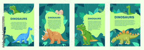 Dinosaur information posters featuring various species in jungle setting