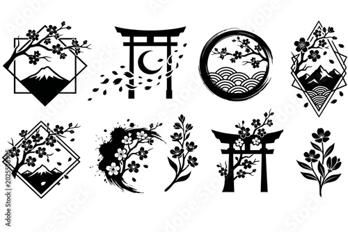 Asian Sakura and Torii Gate Silhouette Landscape Graphic Set
