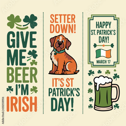 Festive saint patricks day celebration design featuring an adorable irish setter dog character with beer mug and clover leaf elements for a fun holiday card graphic