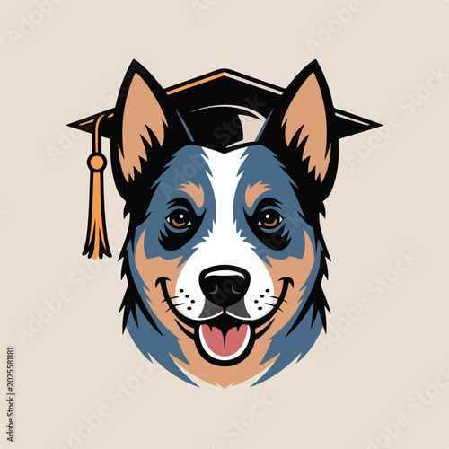 Detailed vector illustration of a happy blue heeler dog wearing a graduation cap representing academic achievement and smart canine intelligence for your creative design project needs