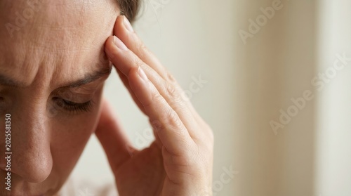 Close up of a worried woman holding her head with hand suffering from headache, migraine, or chronic stress.