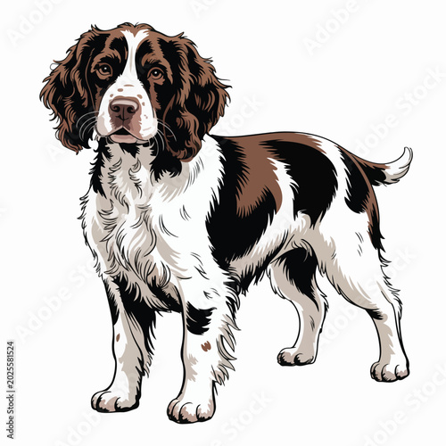 Detailed vector illustration of a friendly brown and white springer spaniel dog standing still while looking forward with loyal eyes in a clean digital style