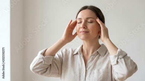 Serene young woman gently massaging her temples with eyes closed to relieve stress, headache, or anxiety.