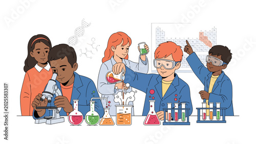 Foto Curious Young Scientists: A group of diverse children, engaged in a vibrant science experiment, peer intently into a microscope, mix colorful liquids, and point to charts