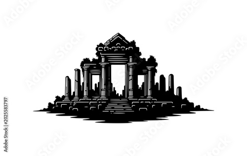 Black ancient temple, ruins illustration, vector monument, architecture silhouette