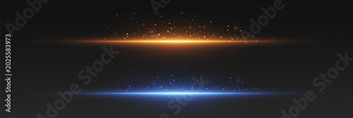 Schilderij op canvas Glowing golden and blue light lines with sparkling dust particles on dark backgr