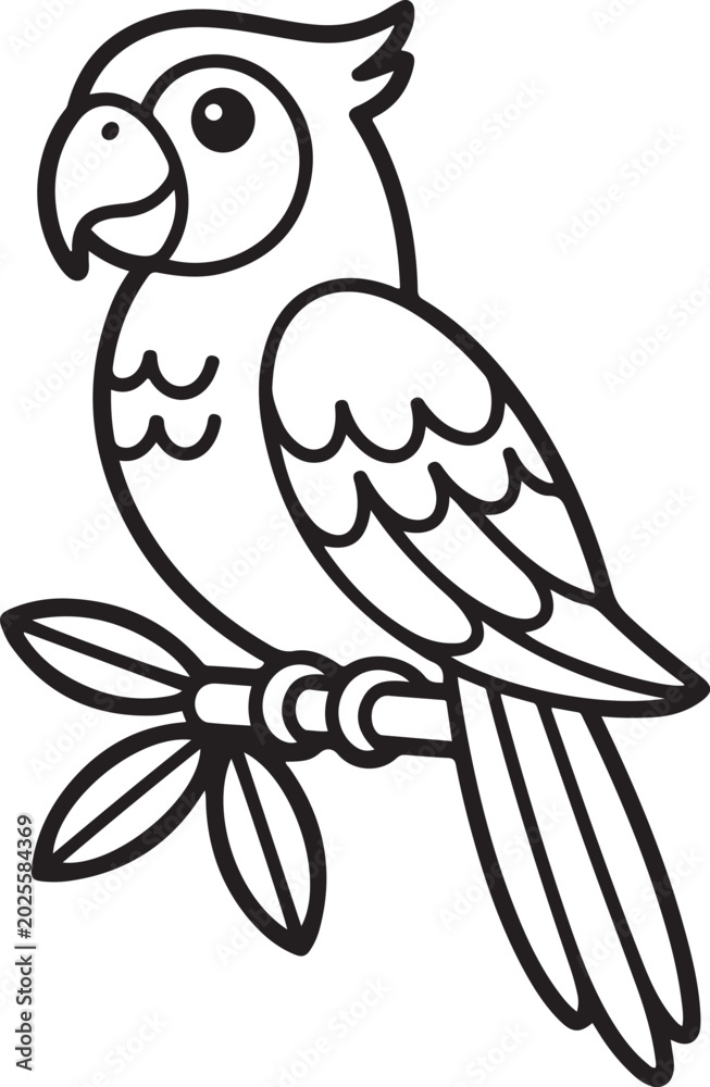 Obraz premium Beautiful parrot in a linear style. Coloring for children. Tropical bird. Black icon silhouette vector