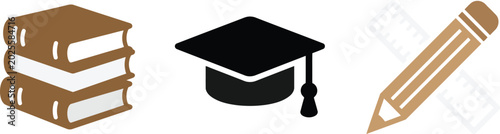 Education Icons Books Graduation Cap and Pencil
