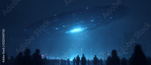 Futuristic crowd observing massive spaceship