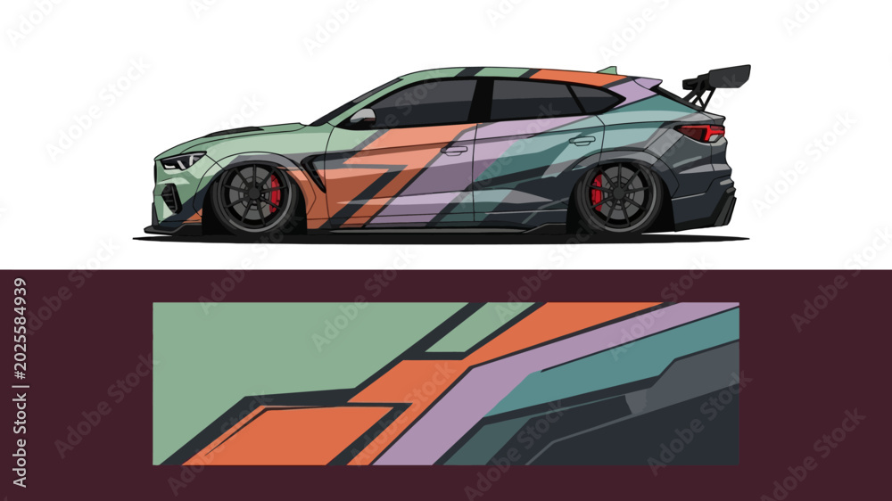 Fototapeta premium Colorful wrapped sports car shown from side and top views with geometric race livery.