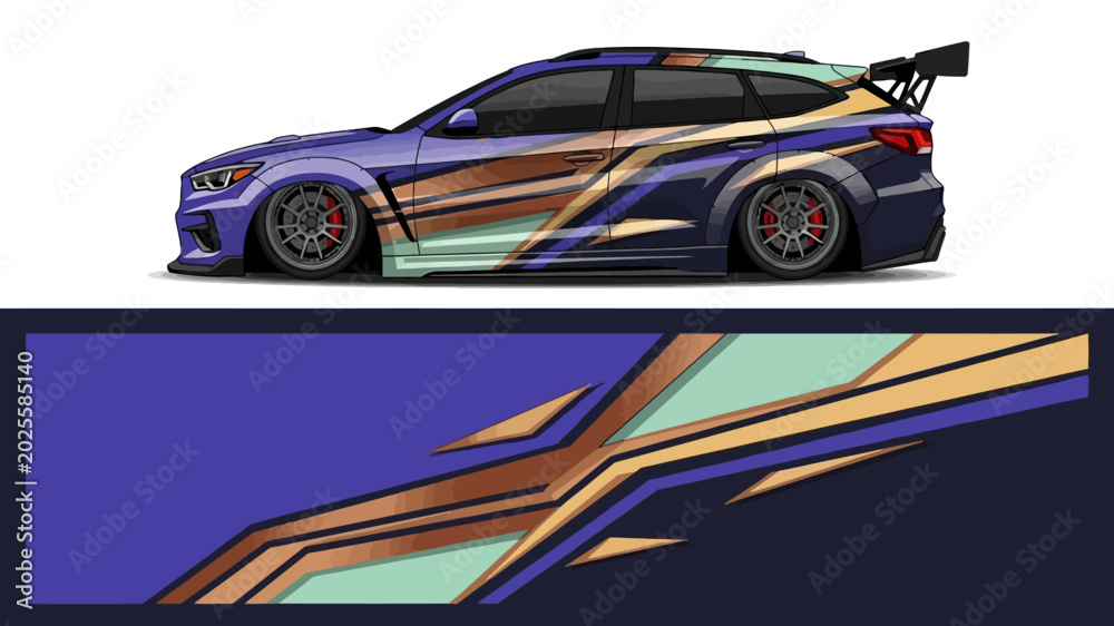 Obraz premium Shiny race car with vibrant wrapped graphics along dynamic diagonal stripes.