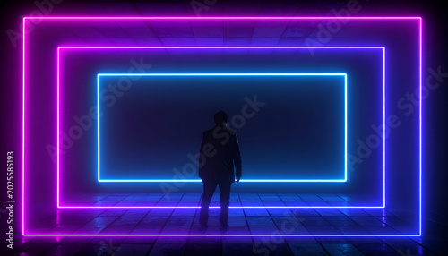 A silhouetted figure gazes at neon-lit rectangular portals. A futuristic, vibrant glow