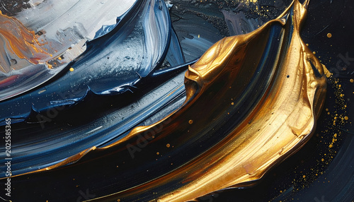 Close-up of thick, textured oil paint in shades of navy, gold, and hints of silver