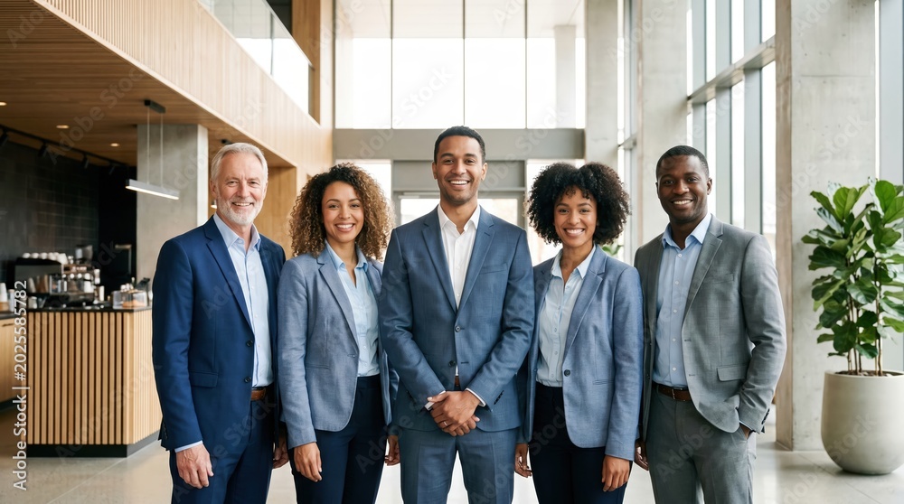 Obraz premium Diverse group of business professionals standing in modern office lobby. Successful corporate team representing leadership and unity in the workplace.
