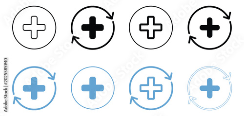 Foto Health recovery icon set featuring medical plus signs, upward arrows, and refresh symbols for healthcare and wellness concepts