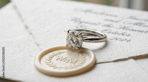 Elegant engagement ring resting on a sealed envelope with letter  