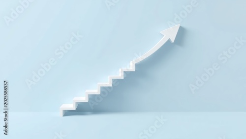 White stairs shaped like an upward arrow on a blue background representing business growth and progress for corporate success and development