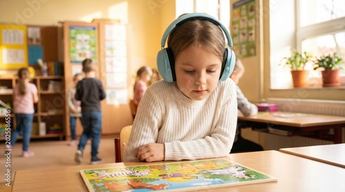 Neurodiversity and sensory processing concept, young girl wearing noise-cancelling headphones in classroom. Inclusive education and autism support for children in school.