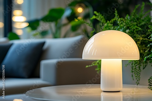 Modern Mushroom Lamp Radiance: Stylish Glowing Table Lamp Emitting Warm Light in Contemporary Interior With Plants and Couch Enhancing Ambiance of Room Interior