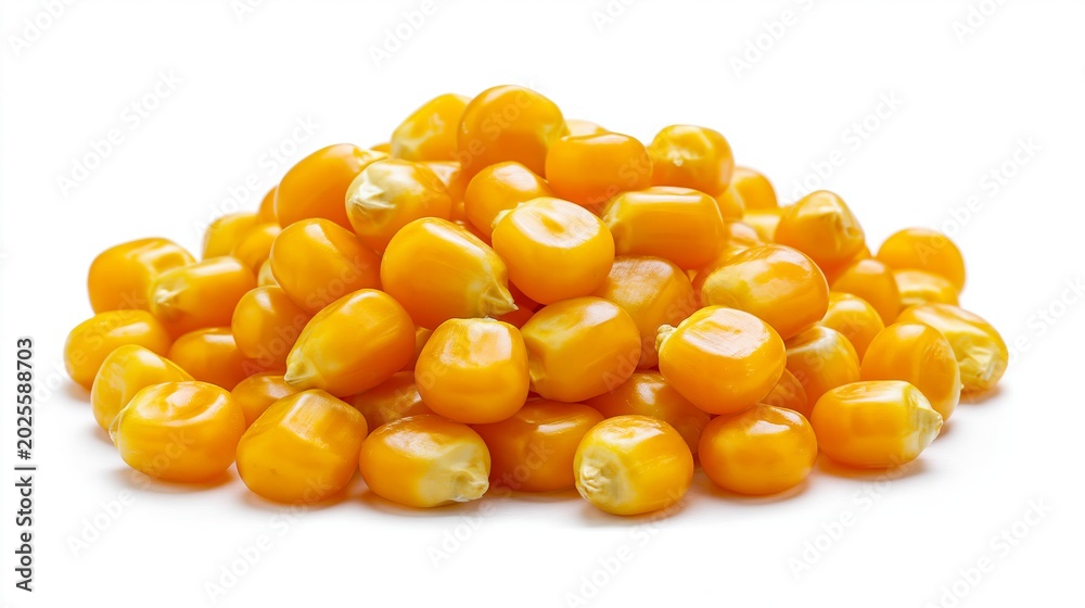 Fototapeta premium Bright yellow corn kernels sit alone on a white surface.