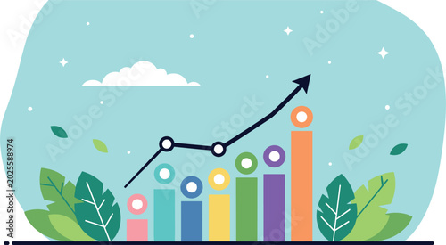 A colorful vector illustration of a growing business graph with leaves and a rising trend line on a blue background.