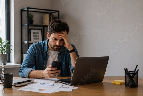 Stressed businessman overwhelmed with work on laptop and phone at office desk with papers